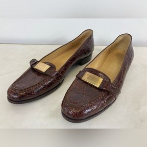 Ralph Lauren Geniune Alligator /Crocodile Brown Loafers 9521 Gold Tone 7 1/2 AA